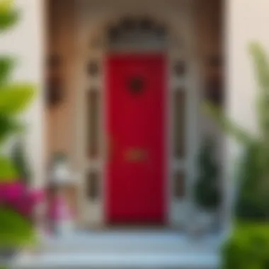 Artistic Front Door Features Stylish front door with artistic details and vibrant color.