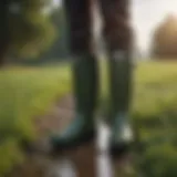 A pair of classic Hunter wellies in a lush green field