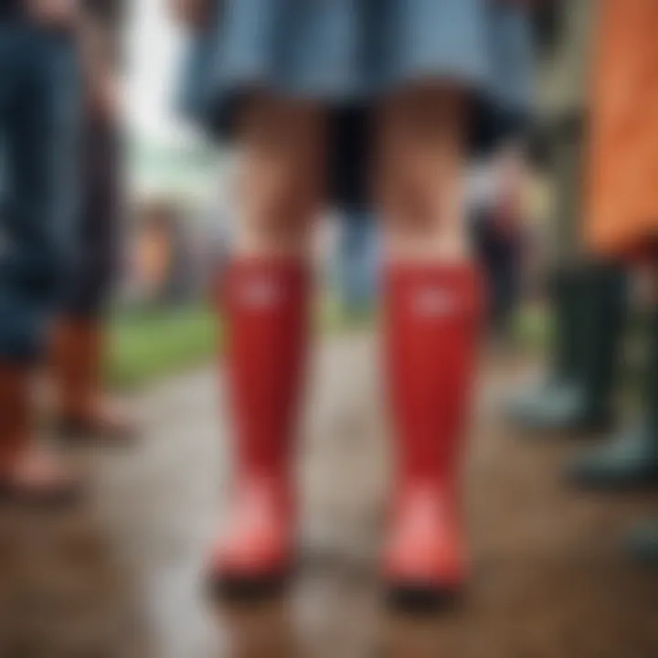 Stylishly dressed individuals wearing Hunter wellies at a festival