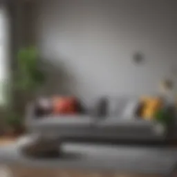 Stylish grey couch with vibrant accent pillows