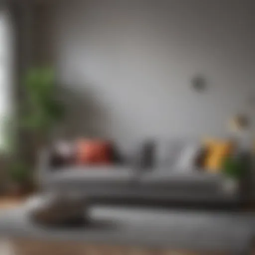 Stylish grey couch with vibrant accent pillows