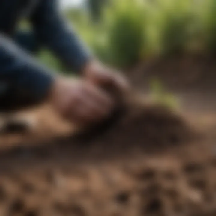 A gardener examining soil conditions before planting grass seed