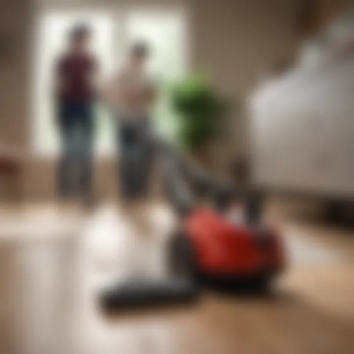 A satisfied customer using a vacuum cleaner in a stylish home environment