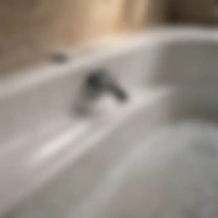 Close-up view of hard water stains on a bathtub surface