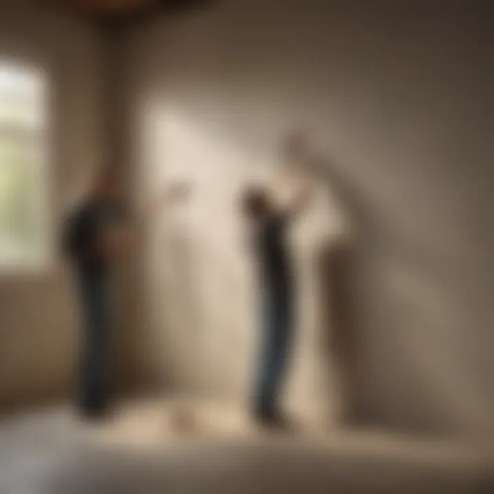 An artist applying paint to a wall using a brush and roller technique