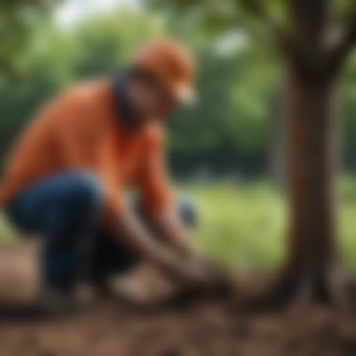 Close-up of a landscaper planting a young tree