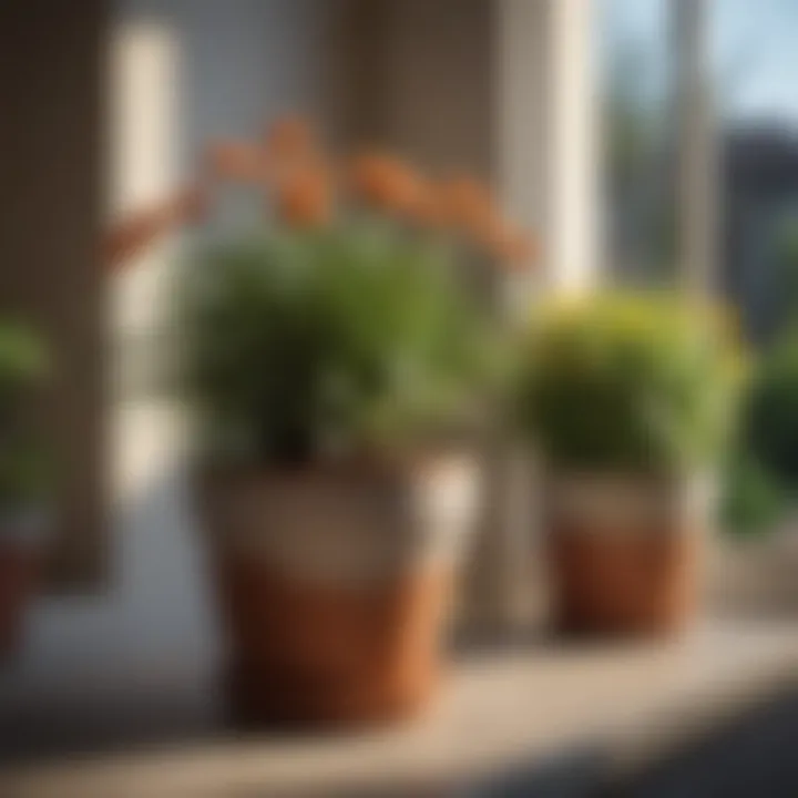 Well-maintained plants thriving in short flower pots
