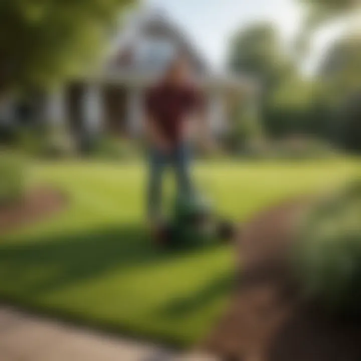 A gardener applying fertilizer to a vibrant lawn using a spreader