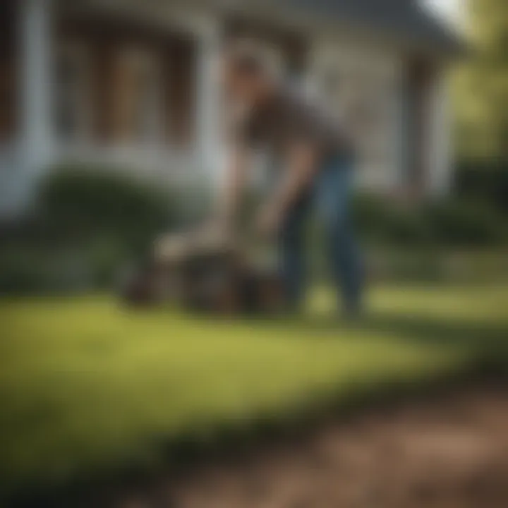 Person applying fertilizer evenly on the lawn