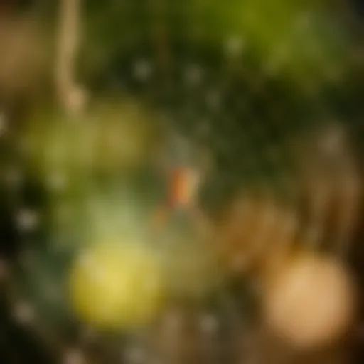 Close-up view of a spider web glistening in the morning dew