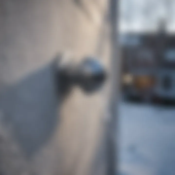 Close-up of a winter faucet cover installed on an outdoor faucet.