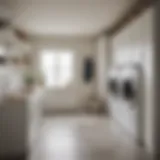 A beautifully organized laundry room with light-colored garments hanging