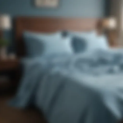 A serene bedroom showcasing soft blue bed sheets that promote tranquility.