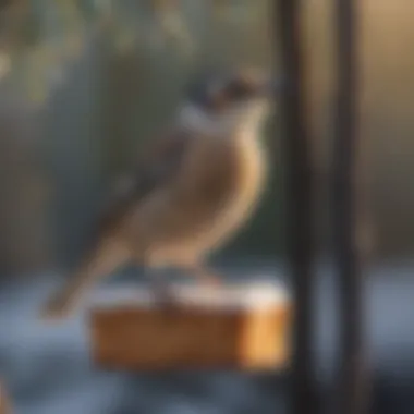 A close-up of a bird enjoying suet in winter