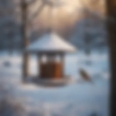 A snowy landscape with a bird feeder in focus