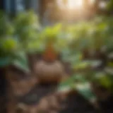 Close-up of healthy sweet potato plants thriving in a garden