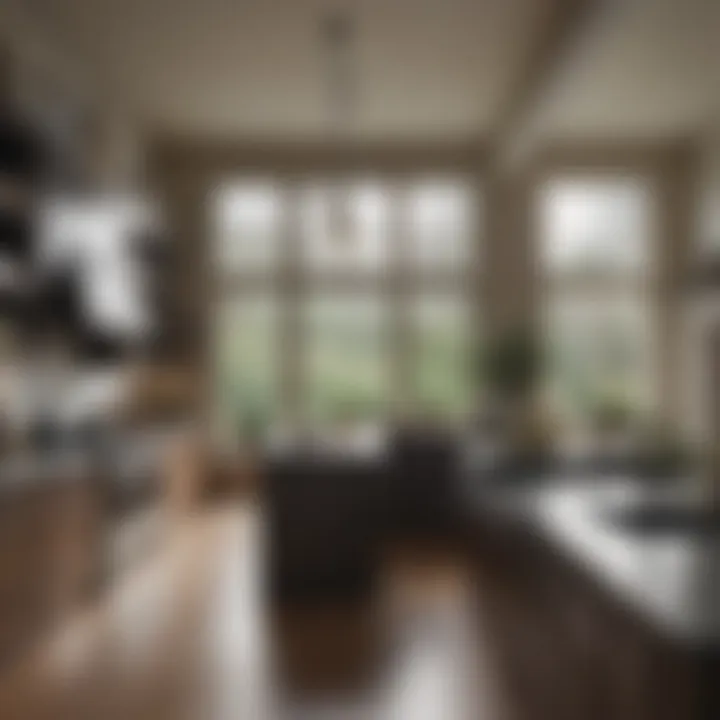 An elegant kitchen designed with floor-to-ceiling windows.